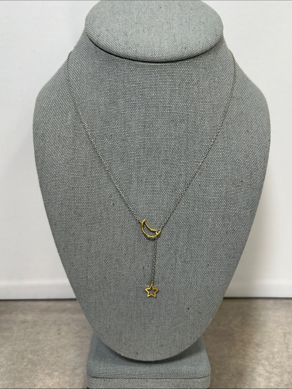 Delicate Gold Moon & Star on Silver Lariat Necklace